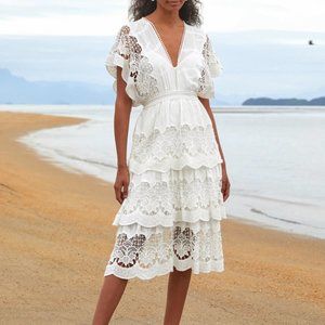 FARM Rio, Off White Richelieu Midi Dress, Size M